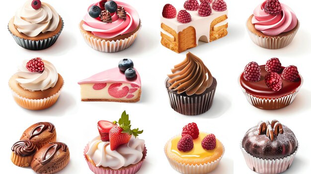 An assortment of delicious looking desserts including cupcakes tarts and cakes on a white background