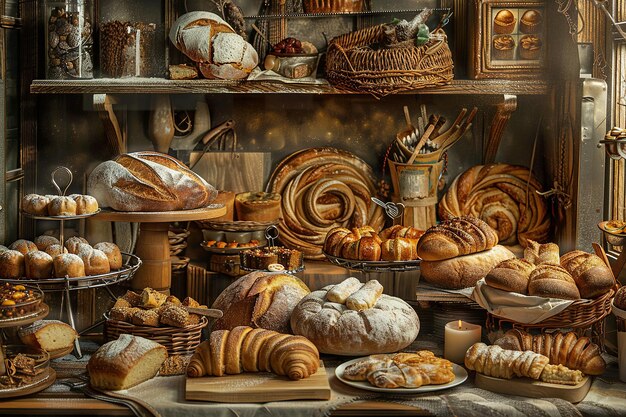 Assortment of delicious pastries and breads on a tray for sale in a bakery Closeup view of a row of various pastries in a bakery