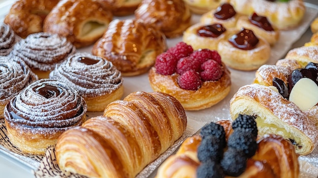 Photo assortment of delicious pastries with chocolate raspberry and blueberry fillings