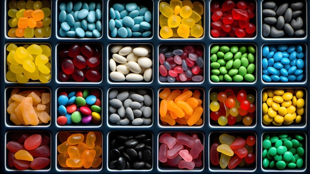 An assortment of different colored chewy candies in square trays