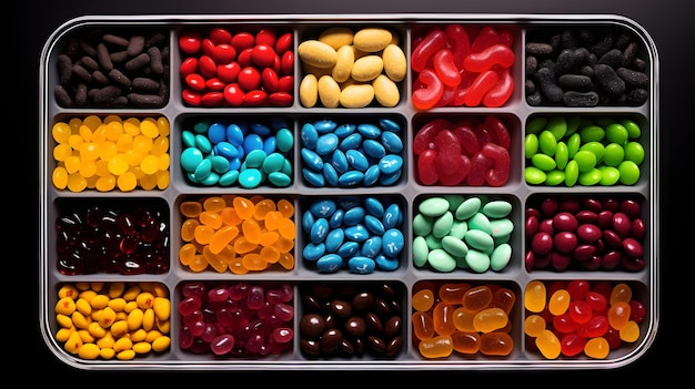 An assortment of different colored chewy candies in square trays