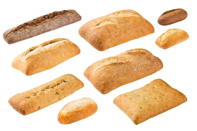 Assortment of different types of bread isolated on a white background