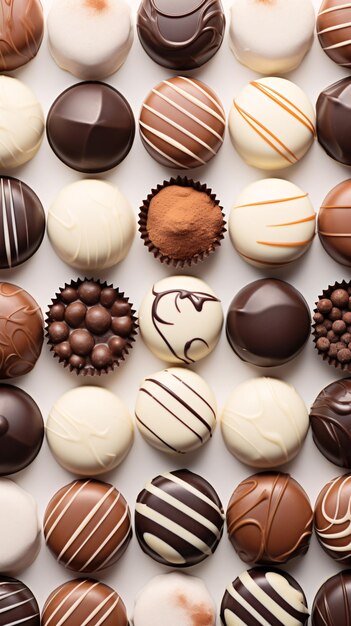 Assortment of Diverse Chocolate Bonbons Against Luminescent Neutral Background