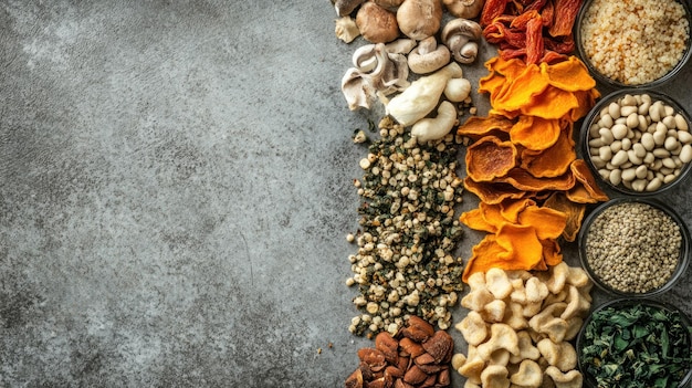 Photo assortment of dried food on a grey surface