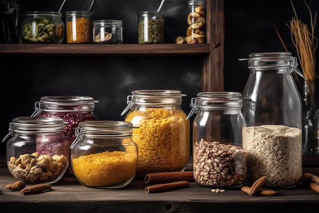 Assortment of dried grains in glass jars on a wooden table food photography