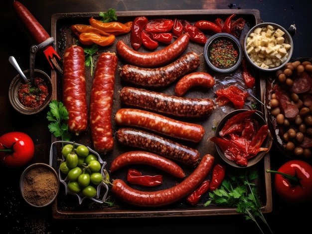 Assortment of dried and raw smoked sausages