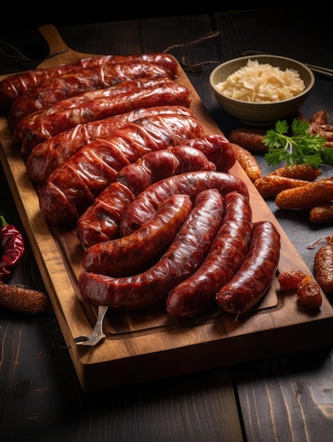 Assortment of dried and raw smoked sausages