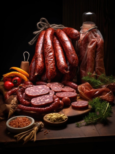 Assortment of dried and raw smoked sausages