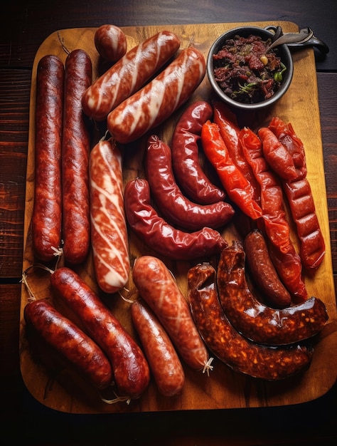 Assortment of dried and raw smoked sausages