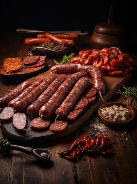 Assortment of dried and raw smoked sausages