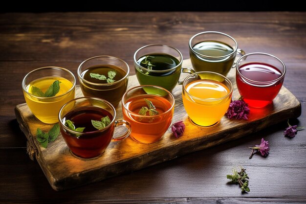 Photo assortment of dry tea herb on black slate backdrop