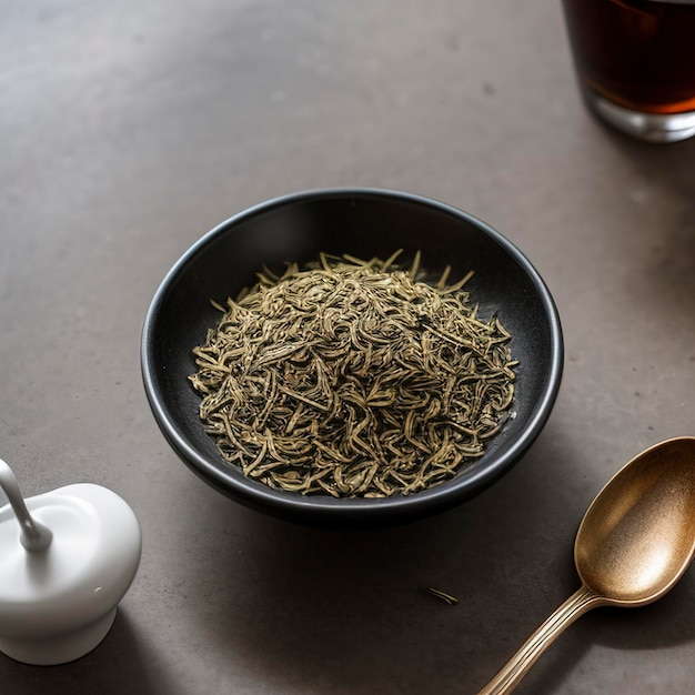 Assortment of dry tea in spoons on stone table