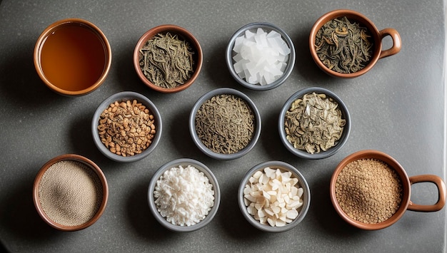 Assortment of dry tea in spoons on stone table