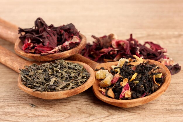 assortment of dry tea in spoons on wooden background