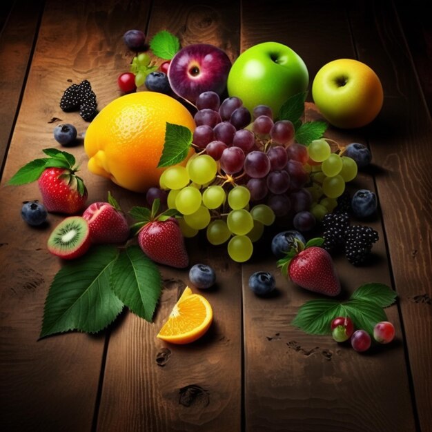 Assortment of exotic fresh fruits on rustic wooden table