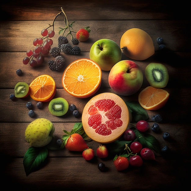 Assortment of exotic fresh fruits on rustic wooden table