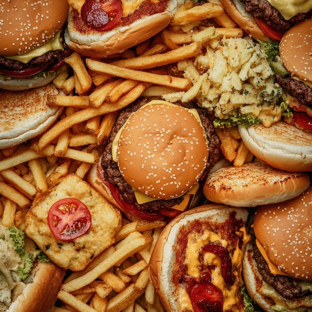 Assortment of fast food background top view filling the entire image