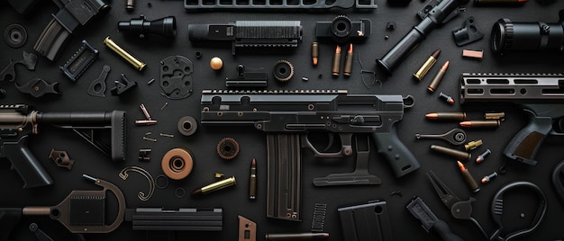 Photo an assortment of firearms and ammunition meticulously arranged on a dark surface creating a striking display of weapon components