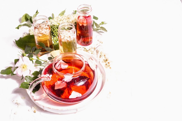 Assortment flowers tea. Fresh elderberry, rose hip, and acacia. Healthy food concept. White plaster background, copy space