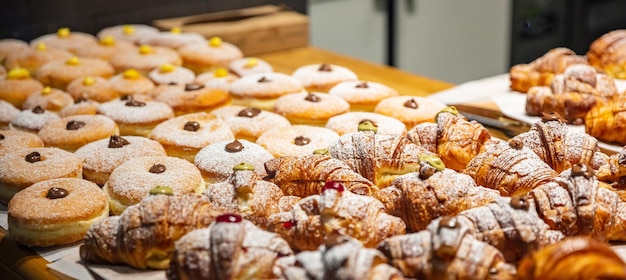 Assortment of french croissants in a shop display closeup view