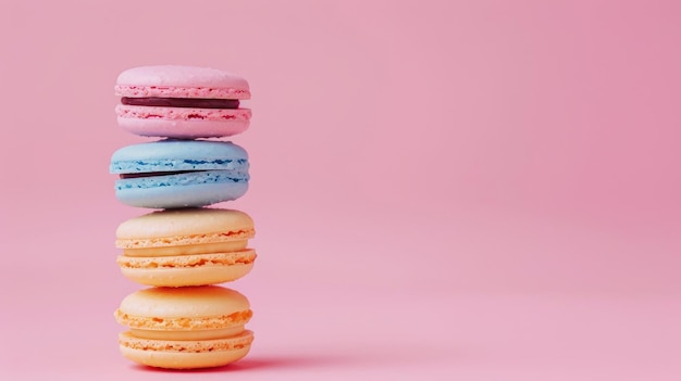 An assortment of French macarons stacked neatly against a pink backdrop