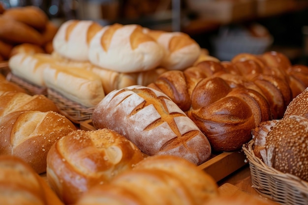 Assortment of fresh breads at a bakery display