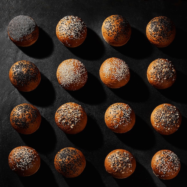 Assortment of fresh delicious baked buns with black and white sesame and sunflower seeds against black background with copy space Closeup