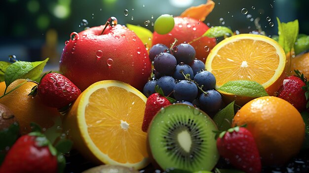 Assortment of fresh exotic fruits on wooden table