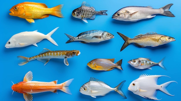 Photo an assortment of fresh fish on a blue background