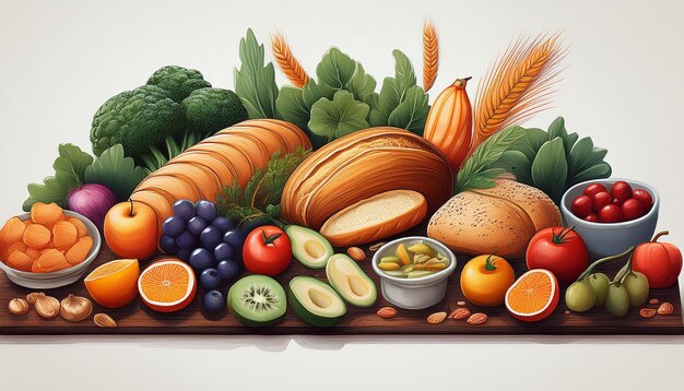 Photo an assortment of fresh food items like fruits vegetables and bread artfully arranged