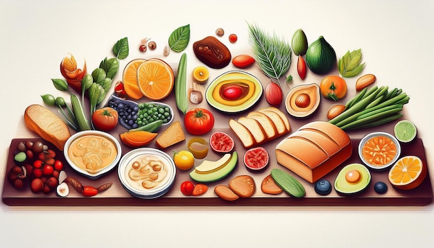 Photo an assortment of fresh food items like fruits vegetables and bread artfully arranged