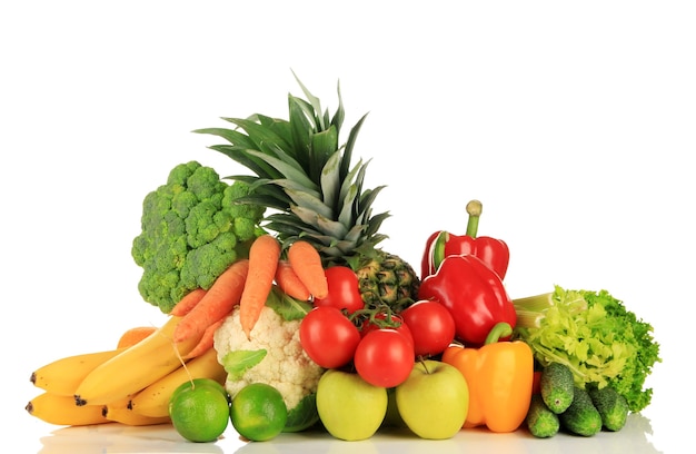 Assortment of fresh fruits and vegetables, isolated on white