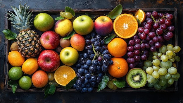 Photo assortment of fresh fruits in a wooden crate