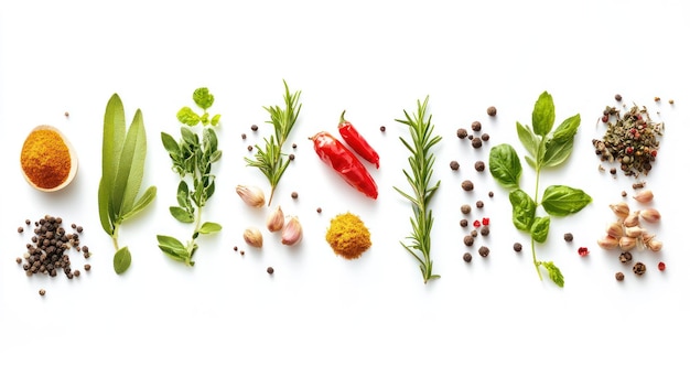 Assortment of Fresh Herbs and Spices on White Background