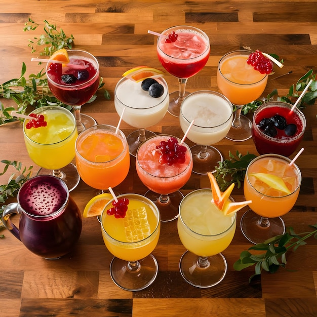 assortment of fresh iced fruit drinks on a wooden background