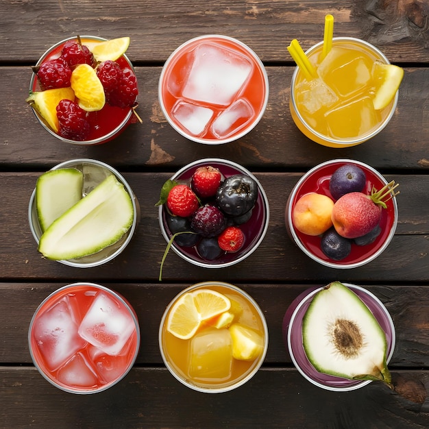 assortment of fresh iced fruit drinks on a wooden background