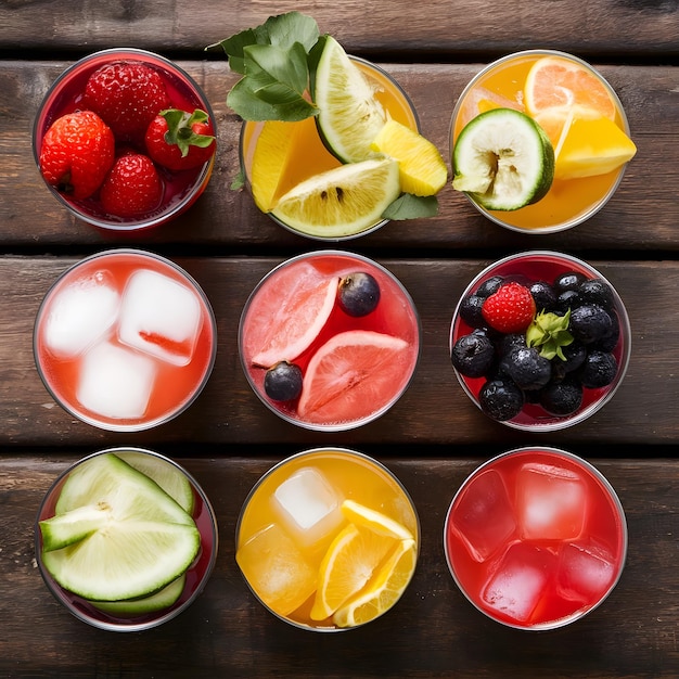 assortment of fresh iced fruit drinks on a wooden background