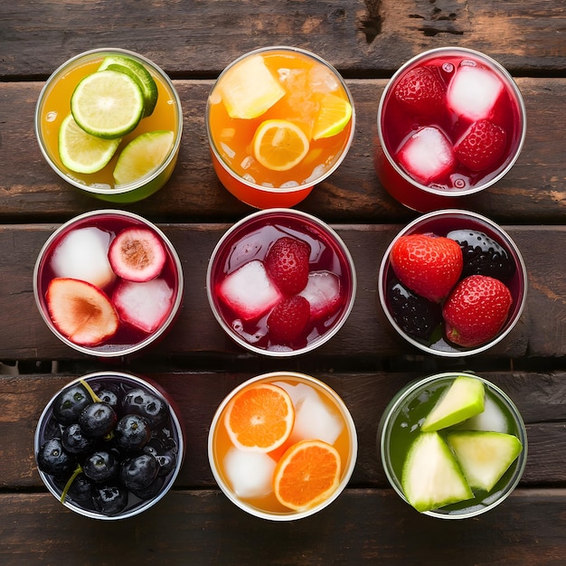 assortment of fresh iced fruit drinks on a wooden background