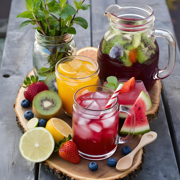 assortment of fresh iced fruit drinks on a wooden background