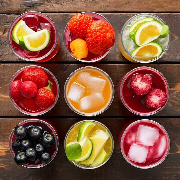 assortment of fresh iced fruit drinks on a wooden background