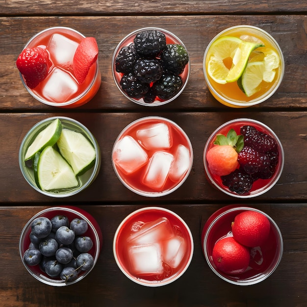 assortment of fresh iced fruit drinks on a wooden background