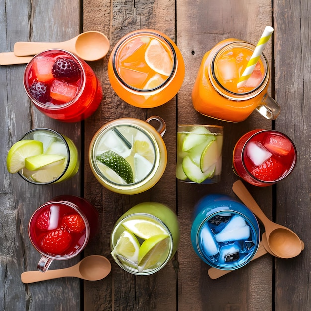 Photo assortment of fresh iced fruit drinks on a wooden background