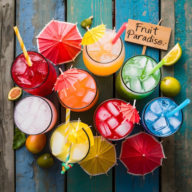 assortment of fresh iced fruit drinks on a wooden background