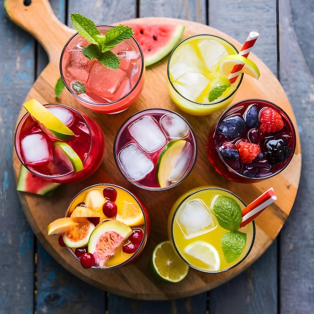 Photo assortment of fresh iced fruit drinks on a wooden background