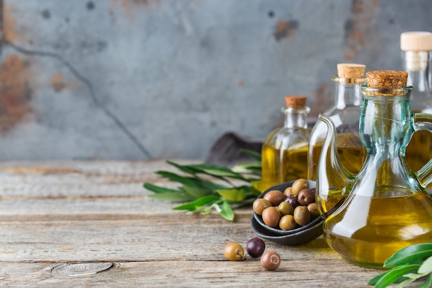 Assortment of fresh organic extra virgin olive oil in bottles