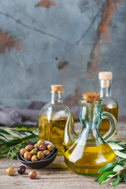 Assortment of fresh organic extra virgin olive oil in bottles