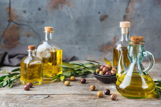 Assortment of fresh organic extra virgin olive oil in bottles