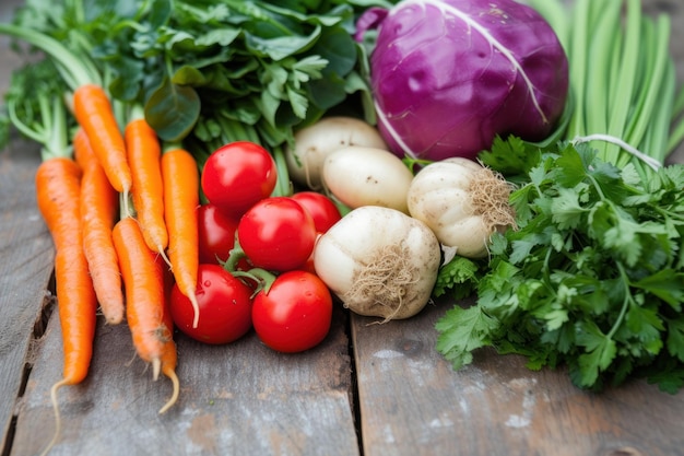 Assortment of Fresh Organic Vegetables on Wooden Surface