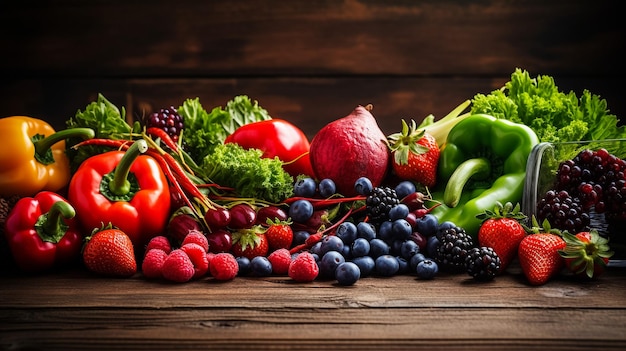 Assortment of fresh vegetables fruits and berries on wooden background