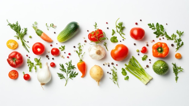 Photo assortment of fresh vegetables and herbs on a white background